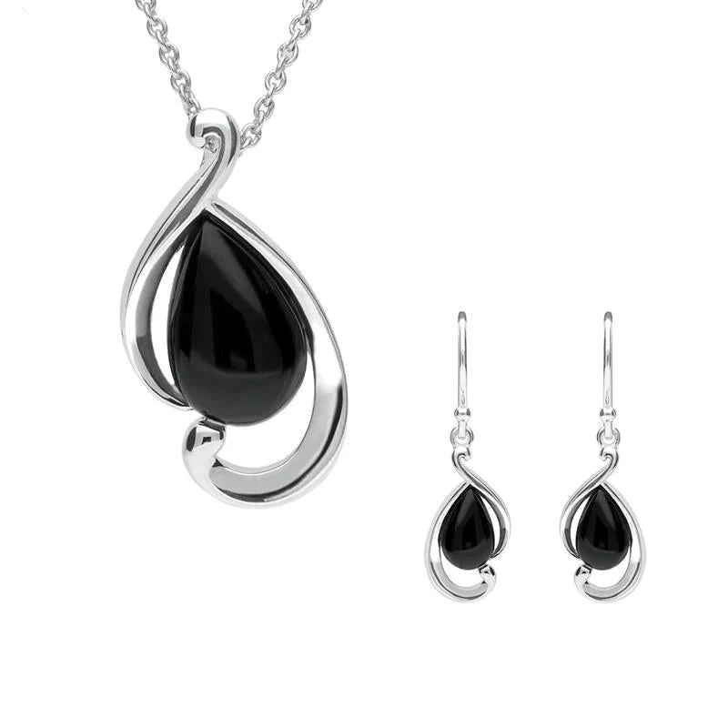 Sterling Silver Whitby Jet Open Fancy Pear Two Piece Set