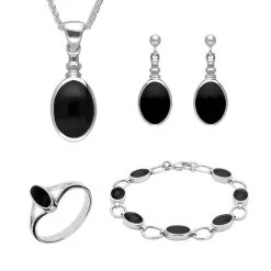 Sterling Silver Whitby Jet Oval Four Piece Set