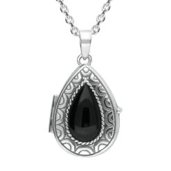 Sterling Silver Whitby Jet Pear Patterned Locket Necklace
