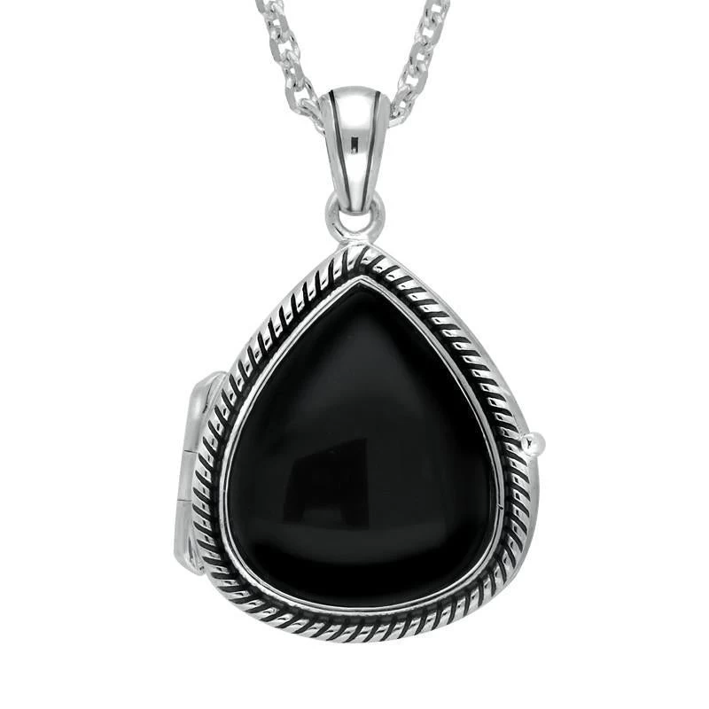Sterling Silver Whitby Jet Pear Rope Edge Locket 1 Sterling Silver Whitby Jet Pear Rope Edge Locket