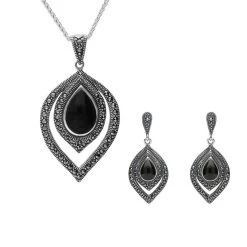 Sterling Silver Whitby Jet And Marcasite Fancy Pear Drop Two Piece Set