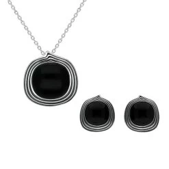 Sterling Silver Whitby Jet Cushion Stone Pattern Edge Two Piece Set