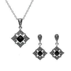 Sterling Silver Whitby Jet Marcasite Square Two Piece Set