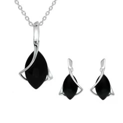 Sterling Silver Whitby Jet Marquise Open Twist Edge Two Piece Set