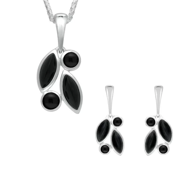 Sterling Silver Whitby Jet Four Stone Leaf Drop Two Piece Set