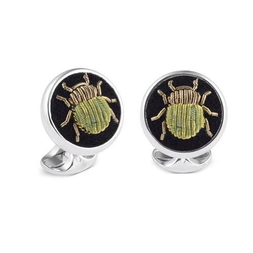 Deakin & Francis Cufflinks Sterling Silver Embroidered Green And Gold Bug 1 Deakin & Francis Cufflinks Sterling Silver Embroidered Green And Gold Bug