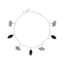 Sterling Silver Whitby Jet Petal Charm Bracelet