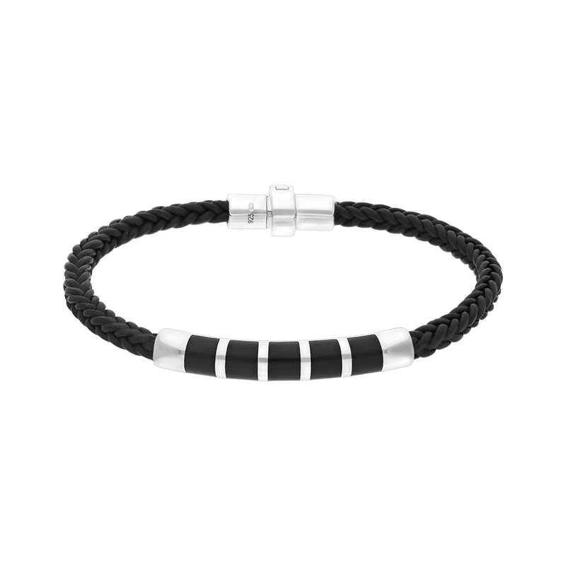 Sterling Silver Whitby Jet Plaited Leather Bar Bracelet 1 Sterling Silver Whitby Jet Plaited Leather Bar Bracelet