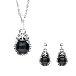 Sterling Silver Whitby Jet Tiny Hedgehog Two Piece Set